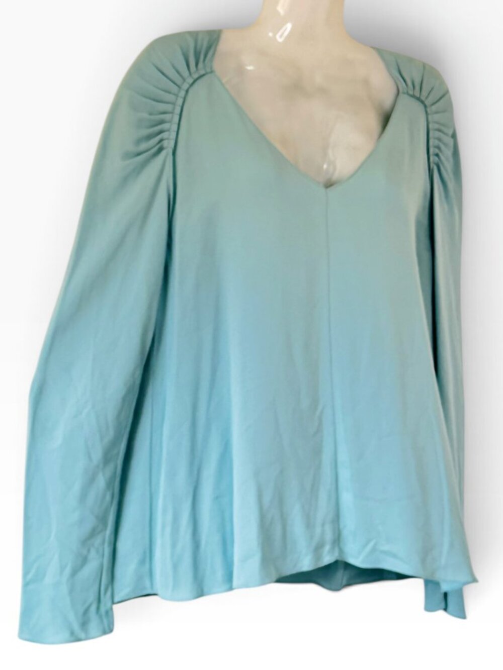 Theory Silk Georgette Top Medium V Neck Gathered Shoulder Detail Sea Mist Color